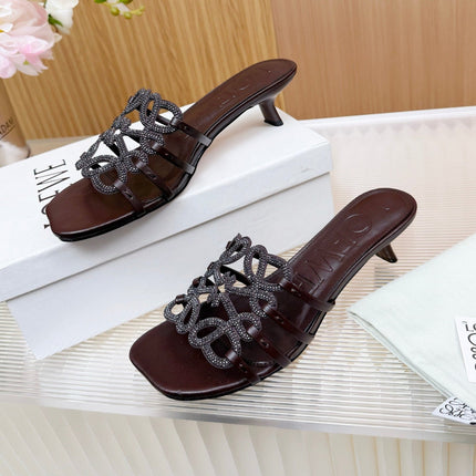 LOEWE 26S PETAL ANAGRAM SLIDE 45MM IN DARK BROWN SOFT CALFSKIN WITH CRYSTALS