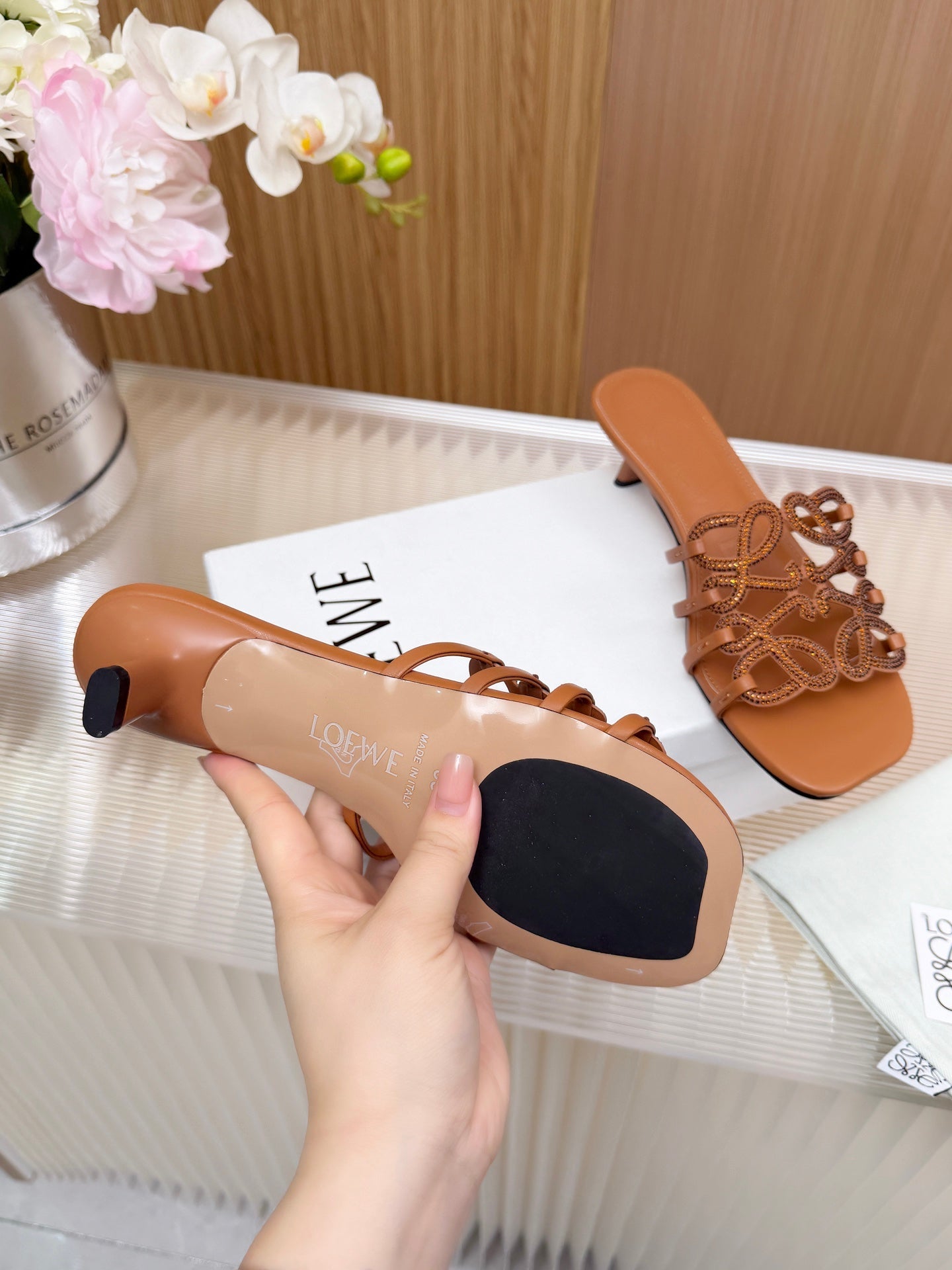 LOEWE 26S PETAL ANAGRAM SLIDE 45MM IN BURNT ORANGE SOFT CALFSKIN WITH CRYSTALS