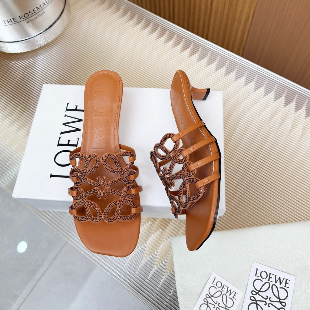 LOEWE 26S PETAL ANAGRAM SLIDE 45MM IN BURNT ORANGE SOFT CALFSKIN WITH CRYSTALS