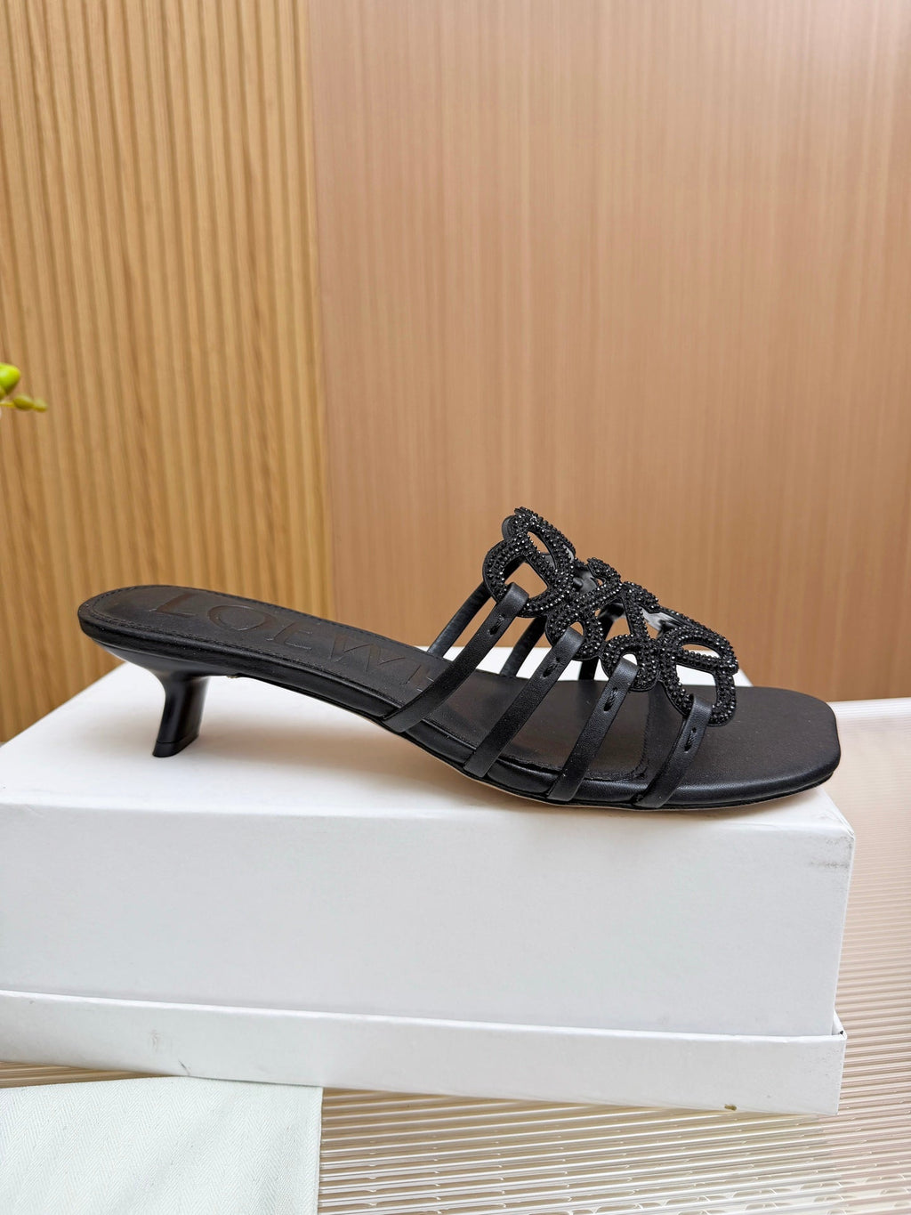 LOEWE 26S PETAL ANAGRAM SLIDE 45MM IN BLACK SOFT CALFSKIN WITH CRYSTALS