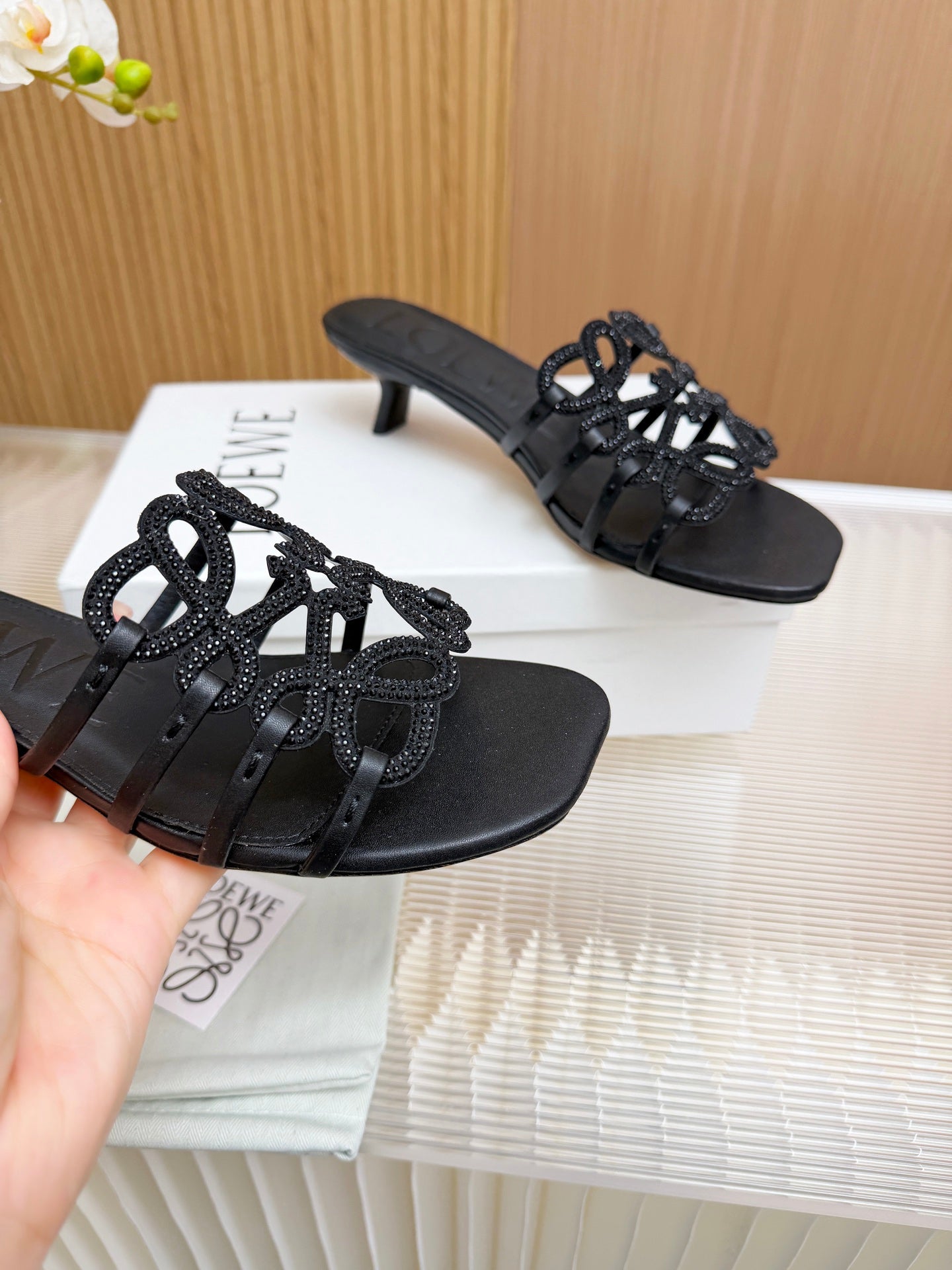 LOEWE 26S PETAL ANAGRAM SLIDE 45MM IN BLACK SOFT CALFSKIN WITH CRYSTALS