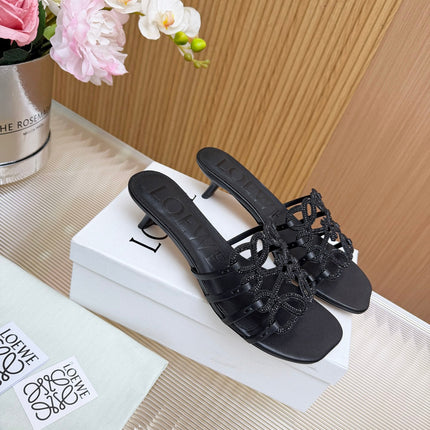 LOEWE 26S PETAL ANAGRAM SLIDE 45MM IN BLACK SOFT CALFSKIN WITH CRYSTALS