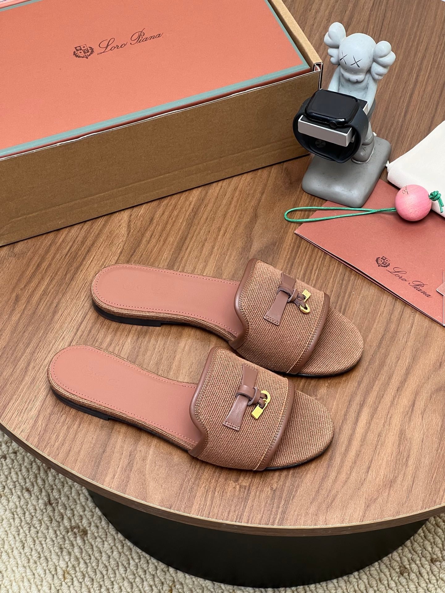 LP 26S SLIDES IN LIGHT BROWN CANVAS AND CALFSKIN