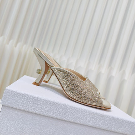DIOR EMBELLISHED HIGH HEEL SLIDES 25S IN LIGHT BEIGE SATIN AND CALFSKIN