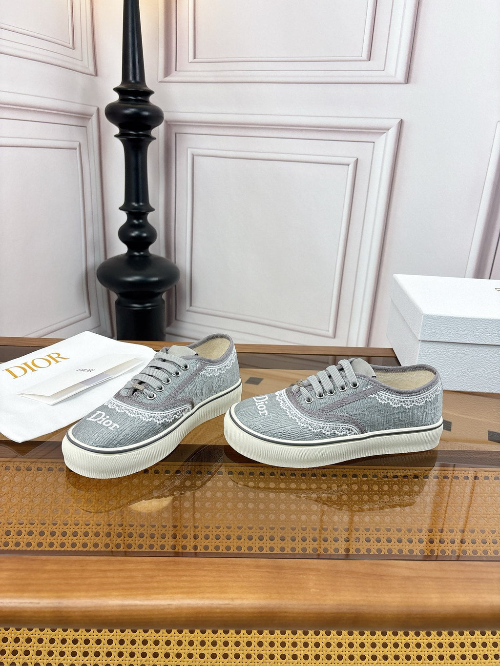 DIOR 26S LOW TOP SNEAKERS IN GREY CANVAS WITH WHITE LACE TRIM & LOGO PRINT