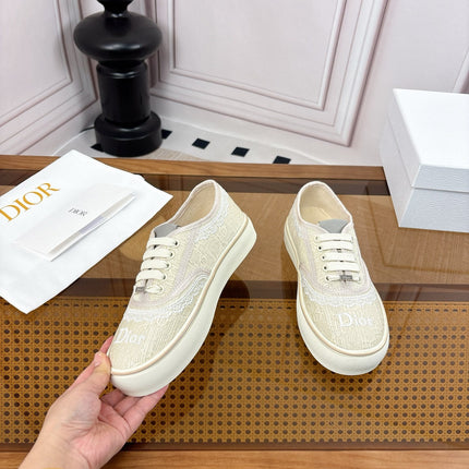 DIOR 26S LOW TOP SNEAKERS IN BEIGE CANVAS WITH WHITE LACE TRIM & LOGO PRINT