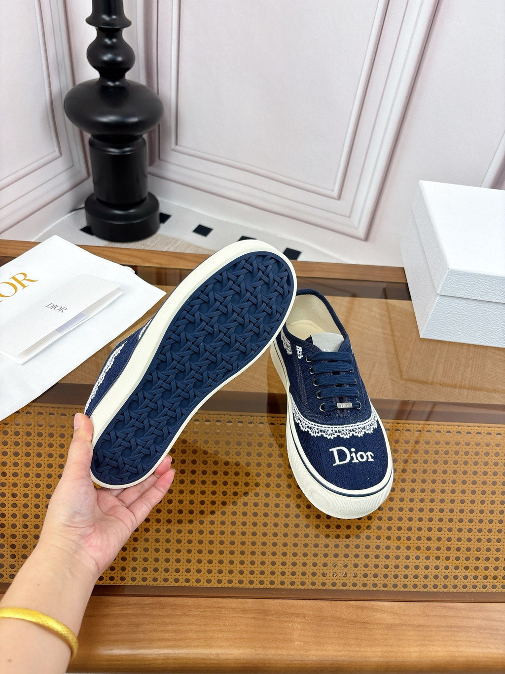 DIOR 26S LOW TOP SNEAKERS IN NAVY BLUE CANVAS WITH WHITE LACE TRIM & LOGO PRINT