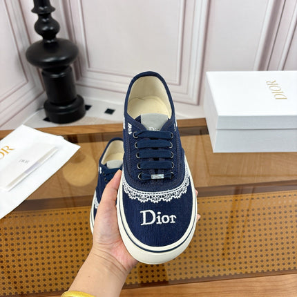 DIOR 26S LOW TOP SNEAKERS IN NAVY BLUE CANVAS WITH WHITE LACE TRIM & LOGO PRINT