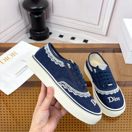 DIOR 26S LOW TOP SNEAKERS IN NAVY BLUE CANVAS WITH WHITE LACE TRIM & LOGO PRINT