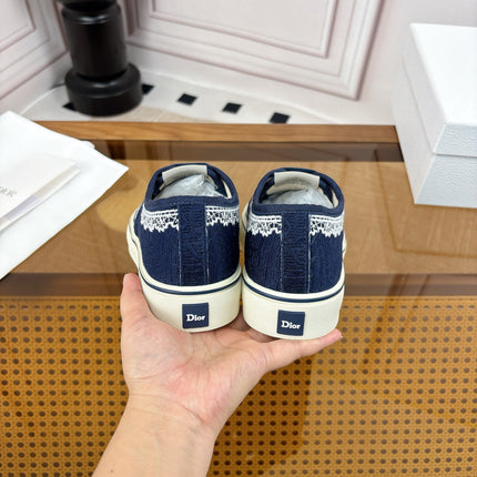 DIOR 26S LOW TOP SNEAKERS IN NAVY BLUE CANVAS WITH WHITE LACE TRIM & LOGO PRINT