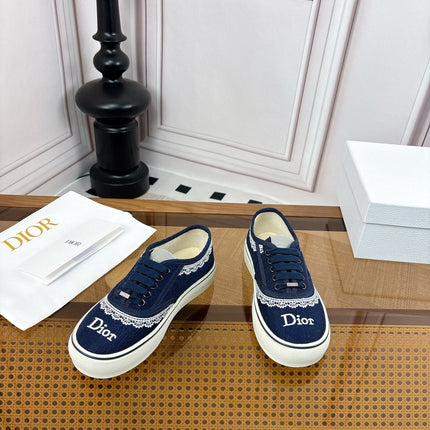 DIOR 26S LOW TOP SNEAKERS IN NAVY BLUE CANVAS WITH WHITE LACE TRIM & LOGO PRINT