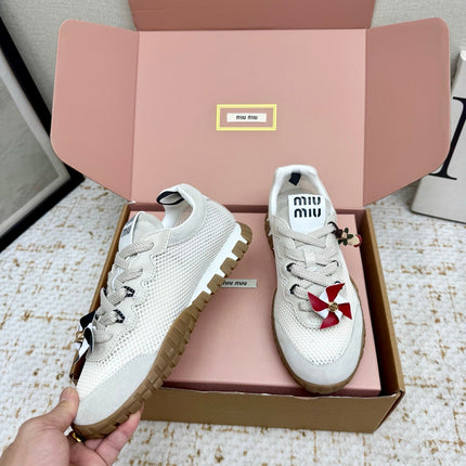 MIUMIU 26S CHARM SNEAKERS IN WHITE MESH AND SUEDE