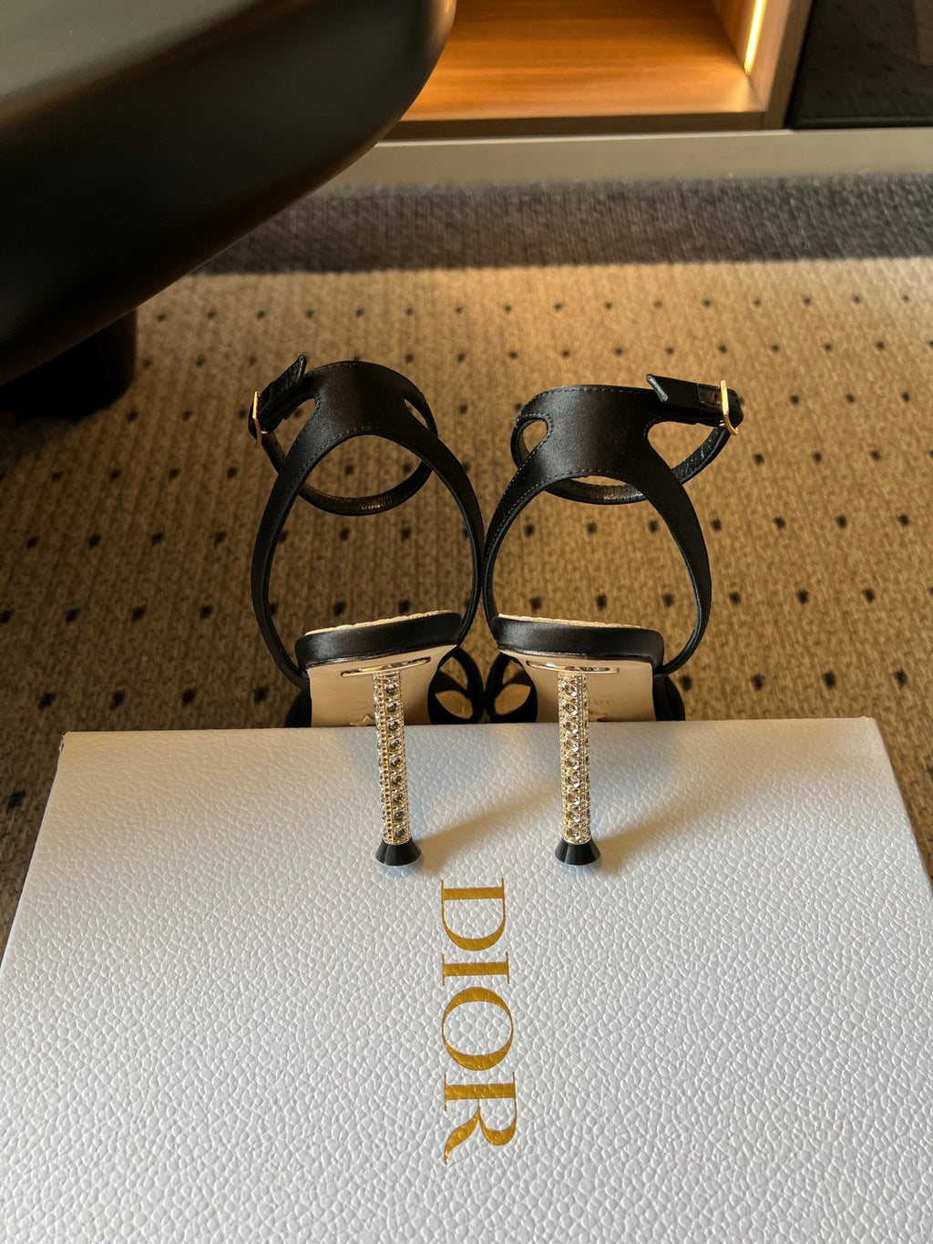 DIOR 26S CRYSTAL HIGH-HEEL SANDALS 80 MM IN BLACK LAMBSKIN AND FABRIC