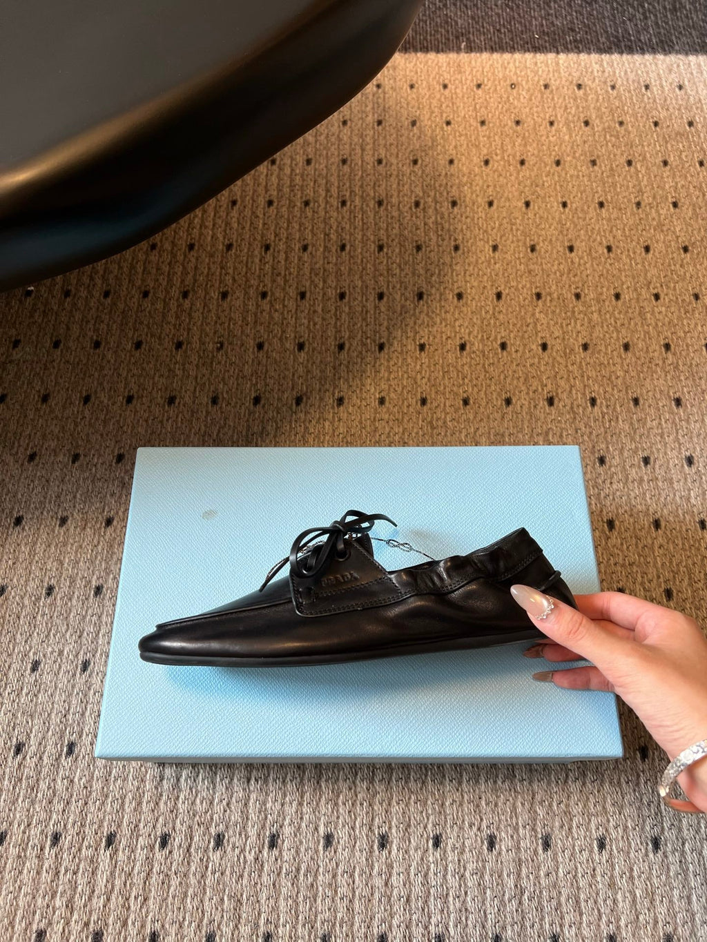 PRADA 26S LACE UP SQUARE TOE LOAFERS IN BLACK CALFSKIN