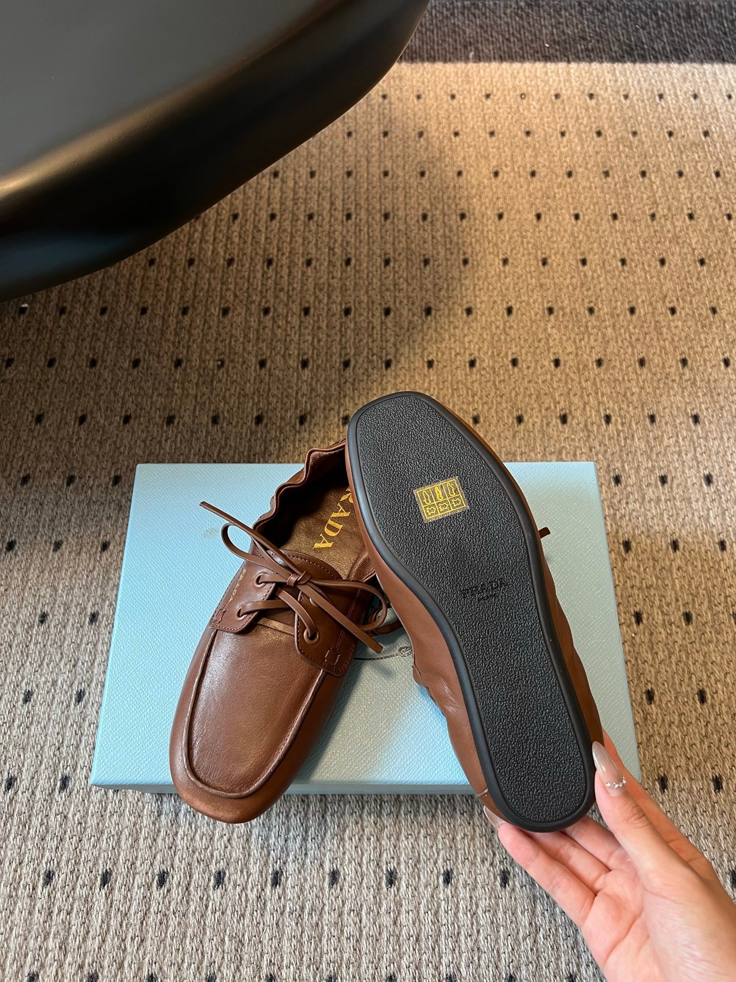 PRADA 26S LACE UP SQUARE TOE LOAFERS IN BROWN CALFSKIN