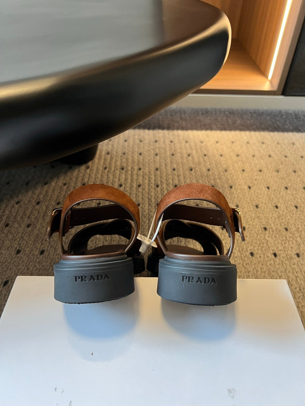 PRADA 26S CROSS STRAP PLATFORM SANDALS 35MM IN BROWN SUEDE
