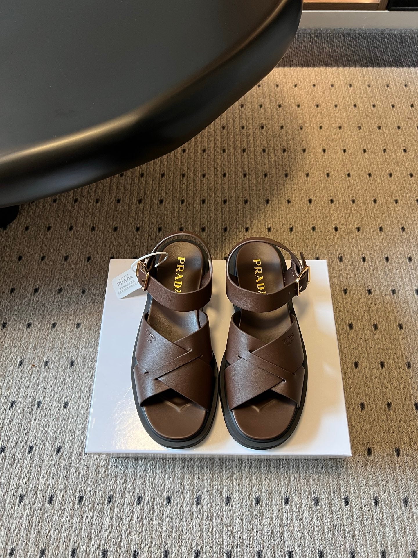 PRADA 26S CROSS STRAP PLATFORM SANDALS 35MM IN DARK BROWN CALFSKIN