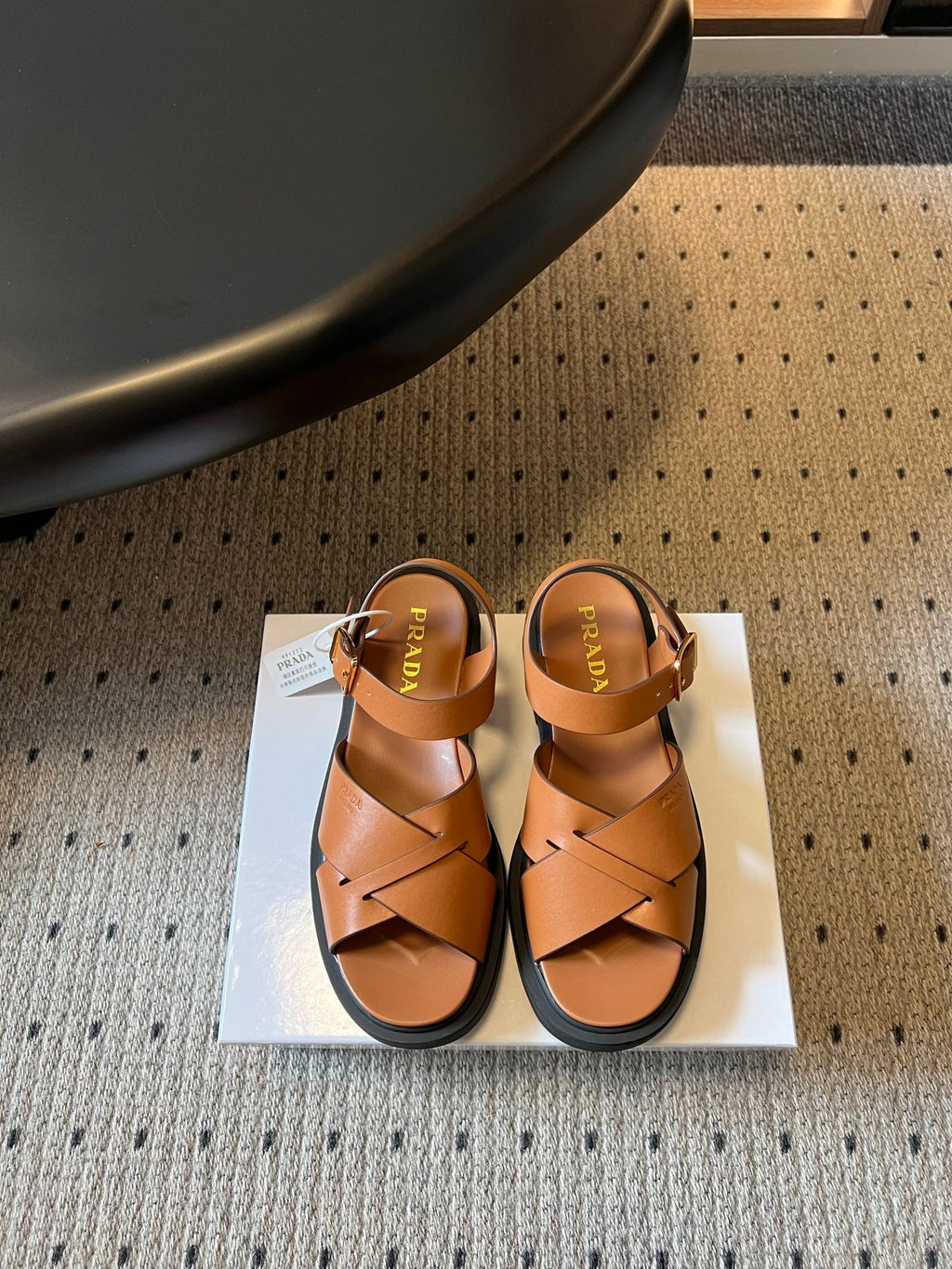 PRADA 26S CROSS STRAP PLATFORM SANDALS 35MM IN BROWN CALFSKIN