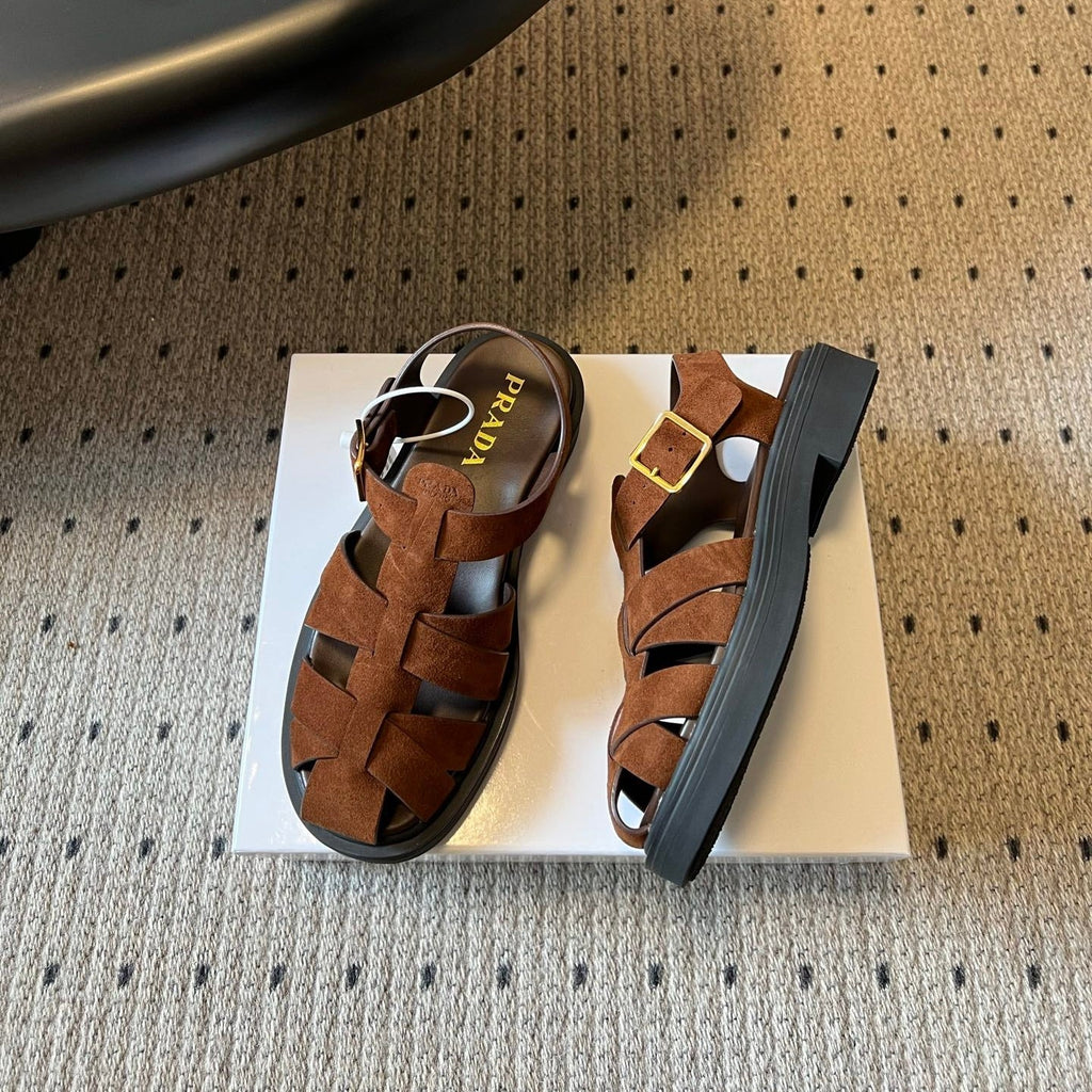 PRADA 26S ANKLE STRAP FISHERMAN SANDALS IN BROWN SUEDE