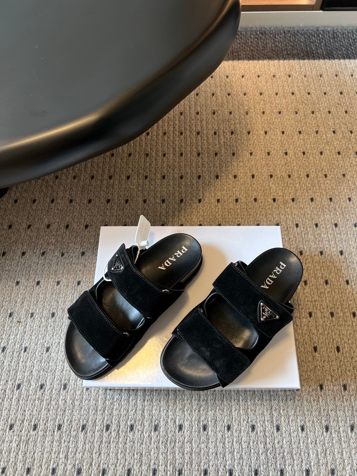 PRADA 26S DOUBLE STRAP SLIDES 35MM IN BLACK SUEDE