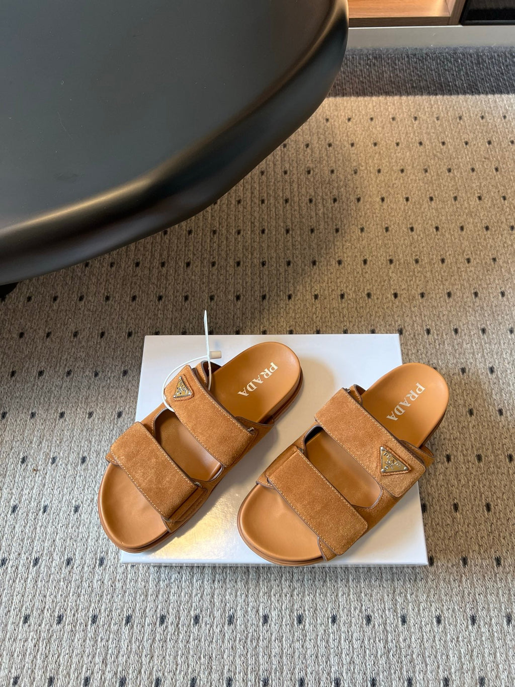 PRADA 26S DOUBLE STRAP SLIDES 35MM IN CARAMEL BROWN SUEDE