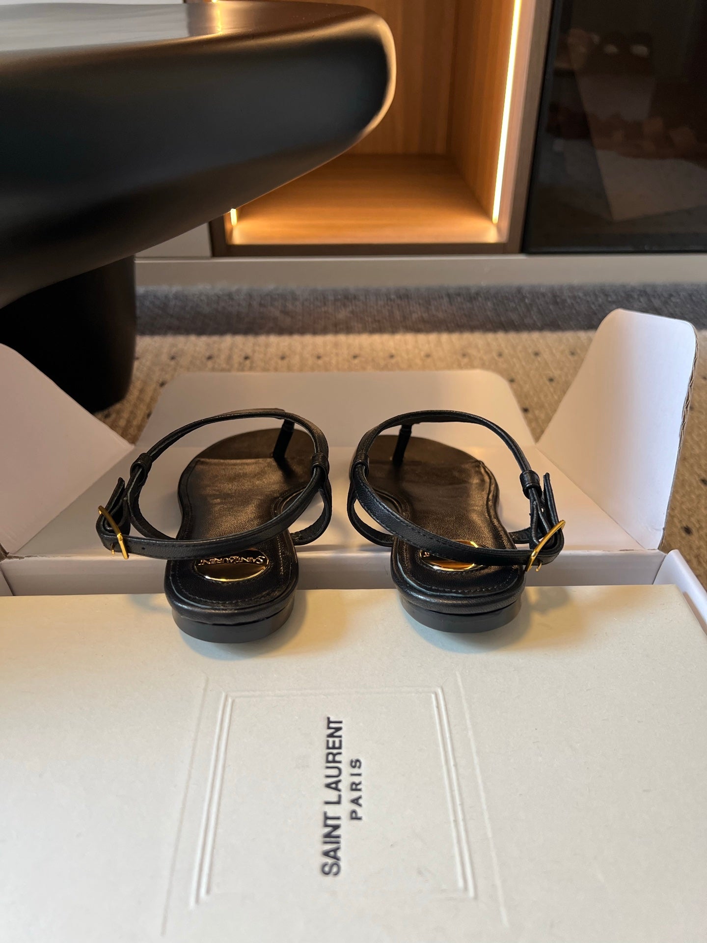 YSL 26S WIDE-STRAP THONG SANDALS IN BLACK CALFSKIN