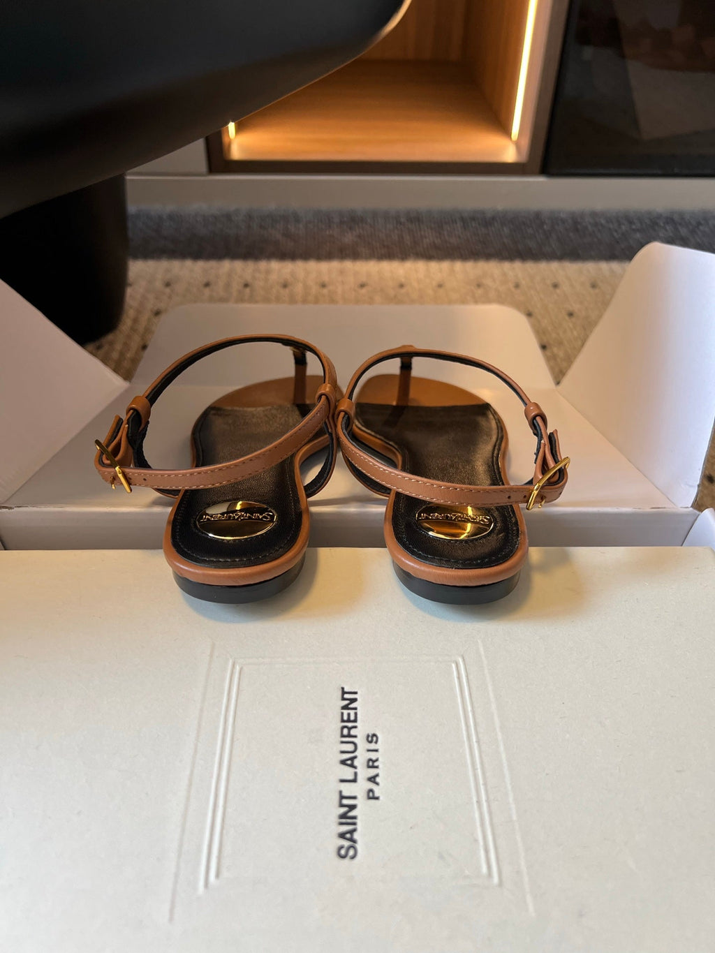 YSL 26S WIDE-STRAP THONG SANDALS IN BROWN CALFSKIN