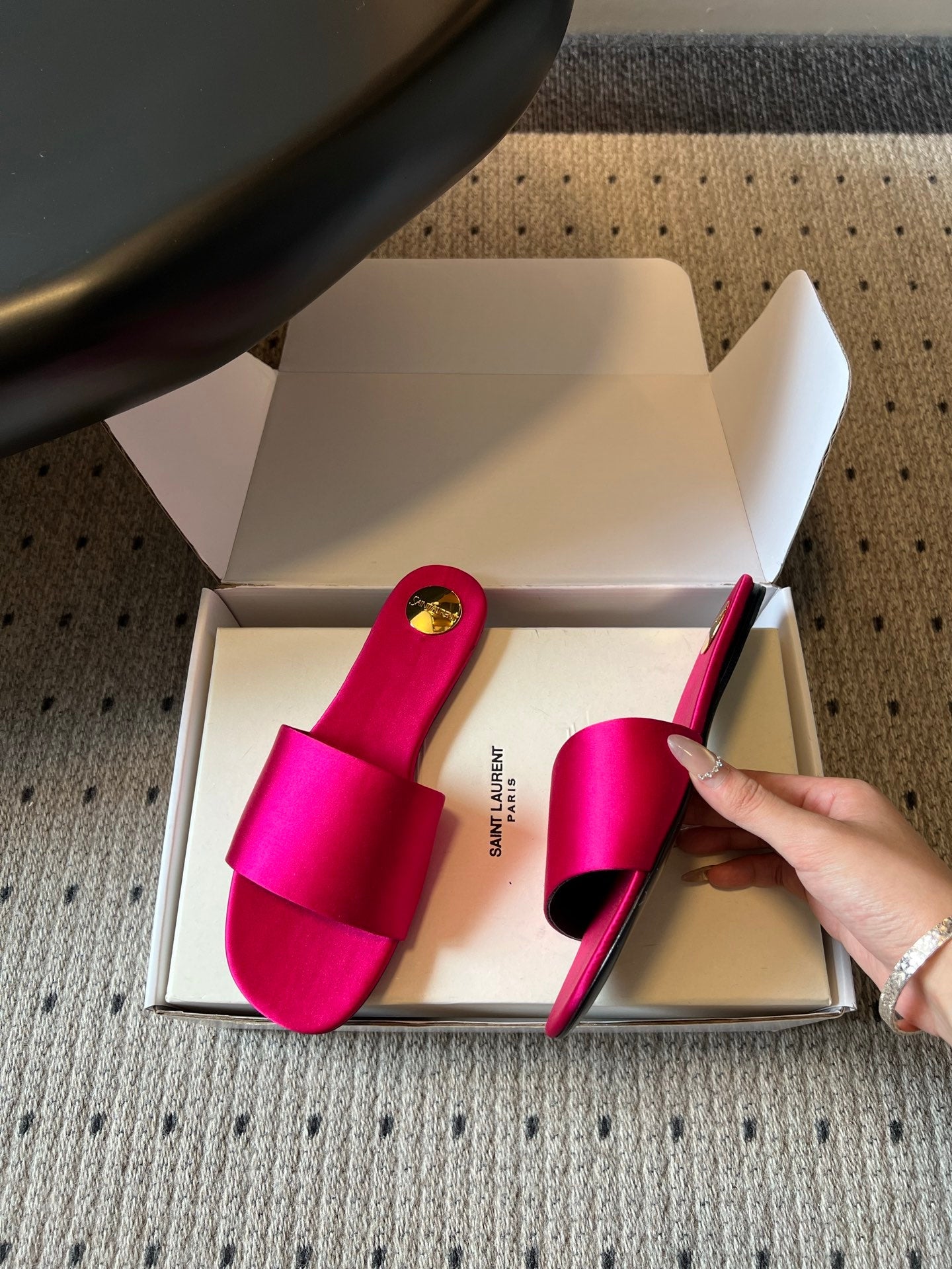 YSL 26S FLAT SLIDES IN DARK PINK SATIN