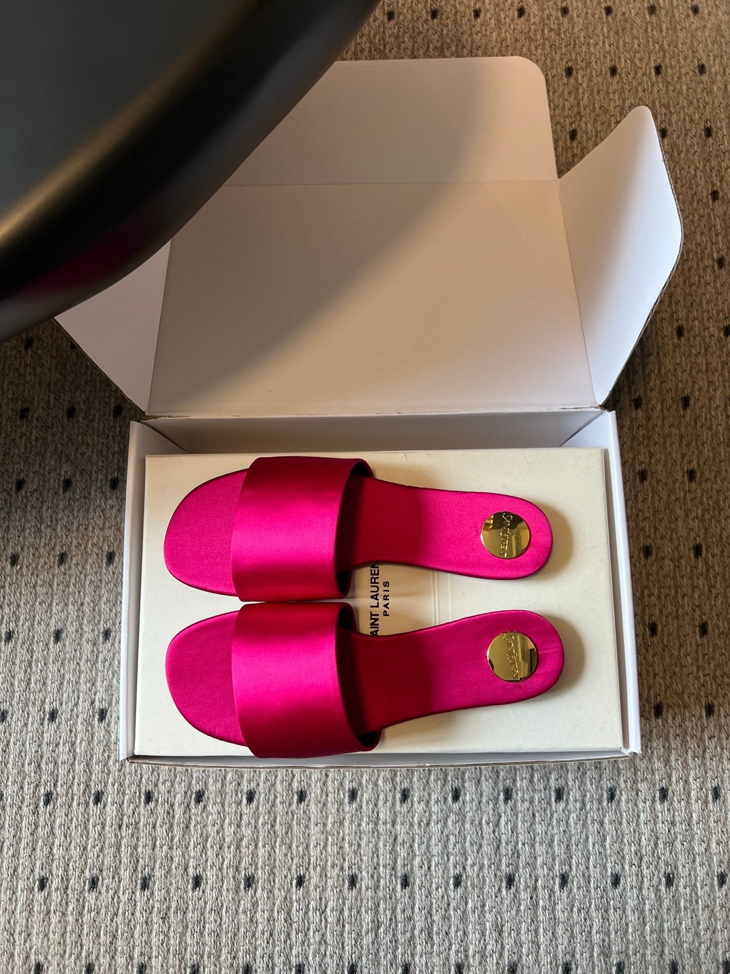 YSL 26S FLAT SLIDES IN DARK PINK SATIN