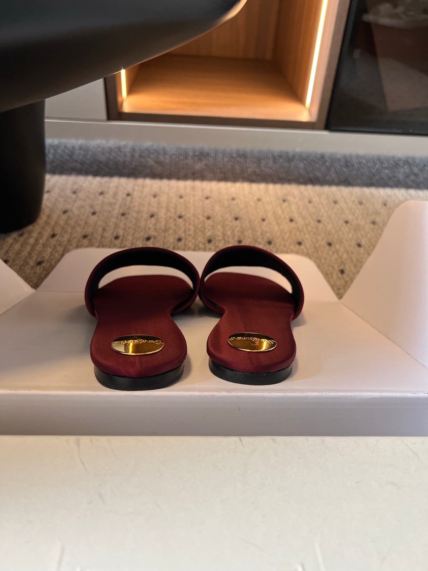 YSL 26S FLAT SLIDES IN DARK RED SATIN