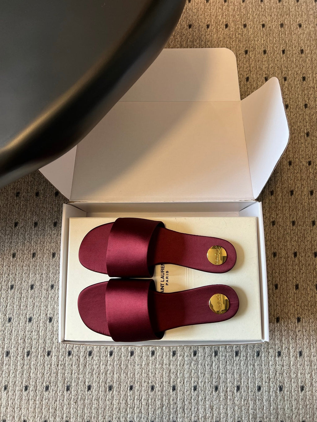 YSL 26S FLAT SLIDES IN DARK RED SATIN