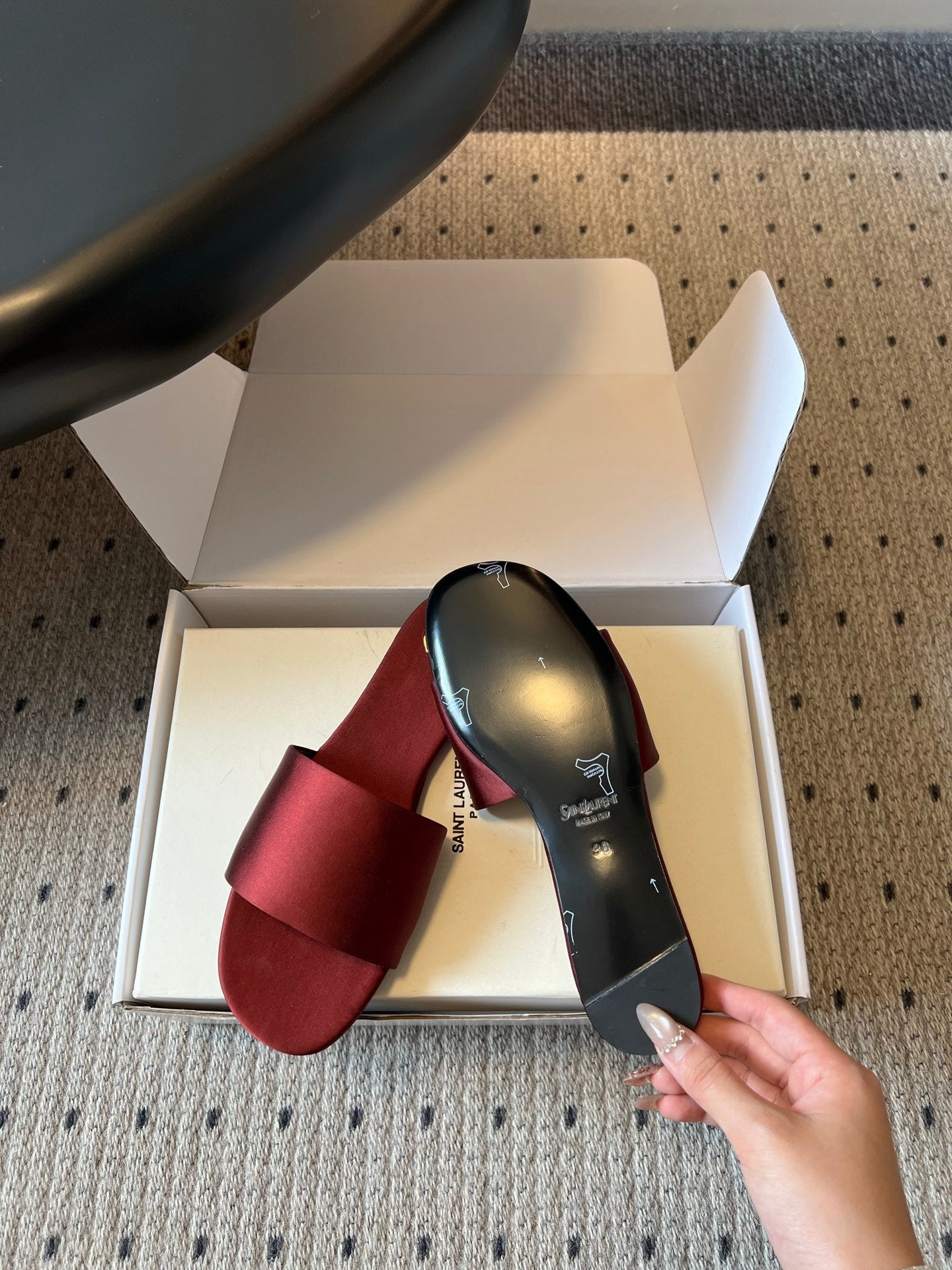 YSL 26S FLAT SLIDES IN DARK RED SATIN