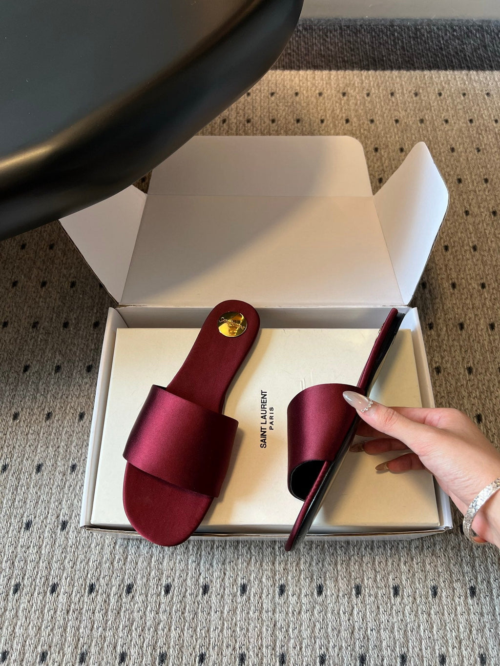 YSL 26S FLAT SLIDES IN DARK RED SATIN