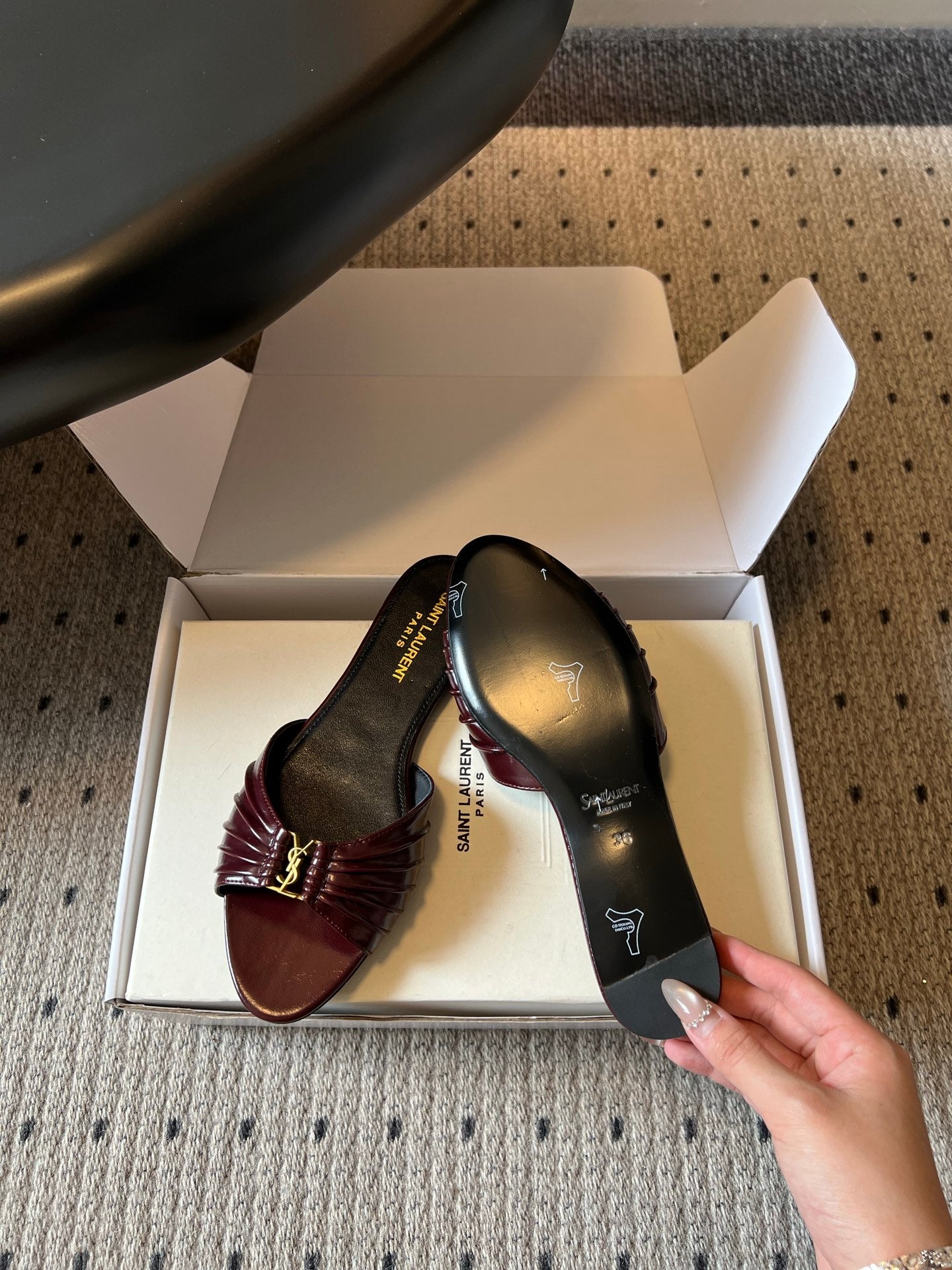 YSL 26S BABYLONE FLAT MULES IN DARK RED LAMBSKIN