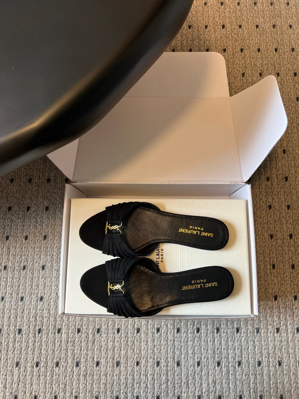 YSL 26S BABYLONE FLAT MULES IN BLACK SUEDE