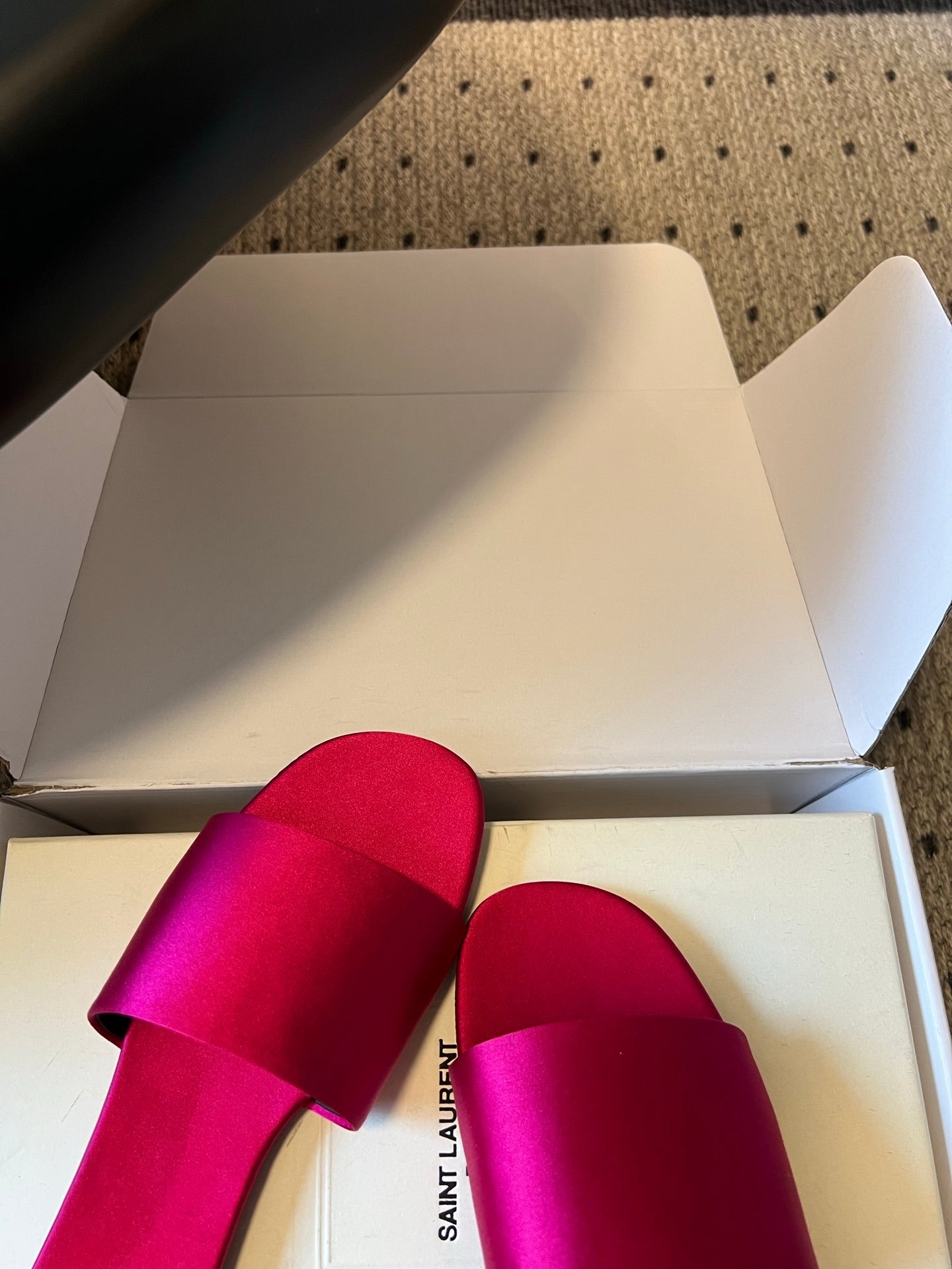 YSL 26S FLAT SLIDES IN DARK PINK SATIN