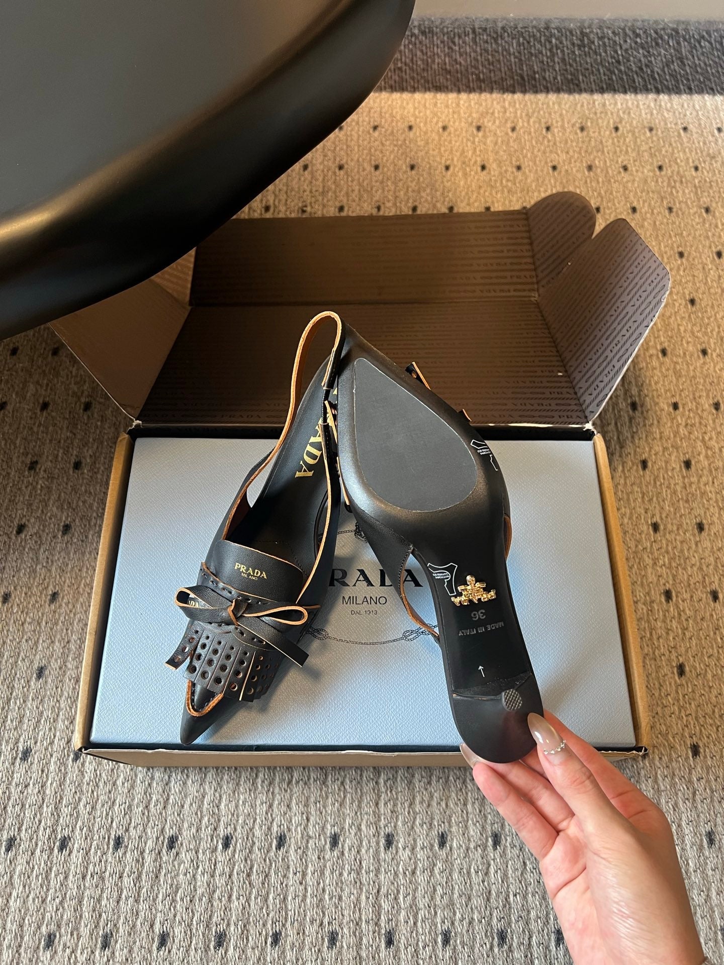 PRADA 26S POINTED TOE FRINGE BOW SLINGBACK PUMPS 85MM IN BLACK CALFSKIN