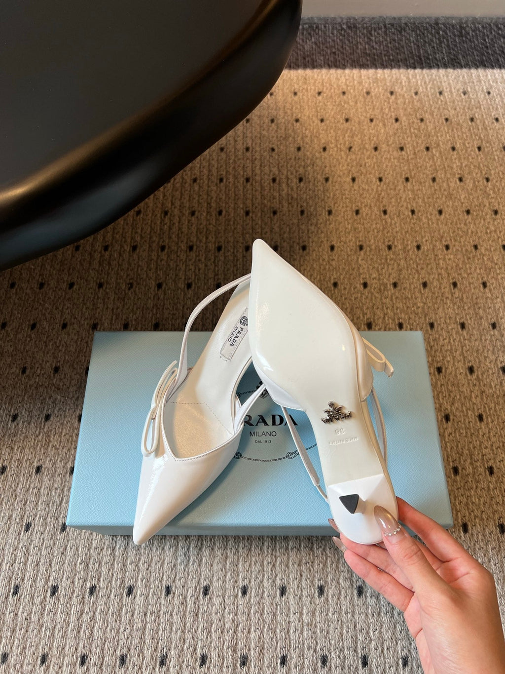 PRADA 26S BOW DETAIL SLINGBACK PUMPS 75MM IN WHITE PATENT CALFSKIN