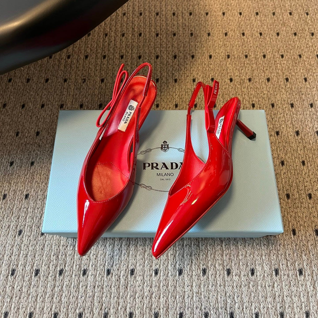 PRADA 26S POINTED TOE SLINGBACK HEELS 55MM IN RED PATENT CALFSKIN