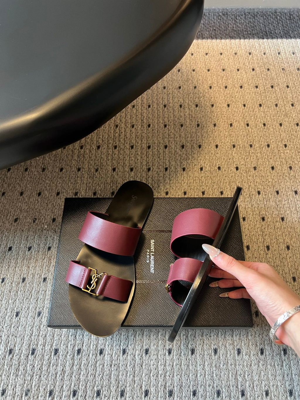 YSL 26S DOUBLE-STRAP SANDALS IN DARK RED CALFSKIN