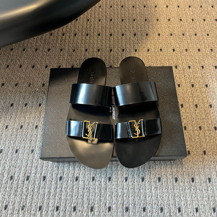 YSL 26S DOUBLE-STRAP SANDALS IN BLACK PATENT CALFSKIN