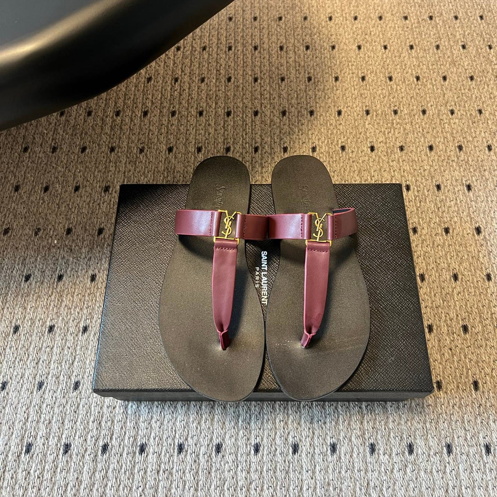 YSL 26S THONG SANDALS IN DARK RED AND BLACK SHINY CALFSKIN