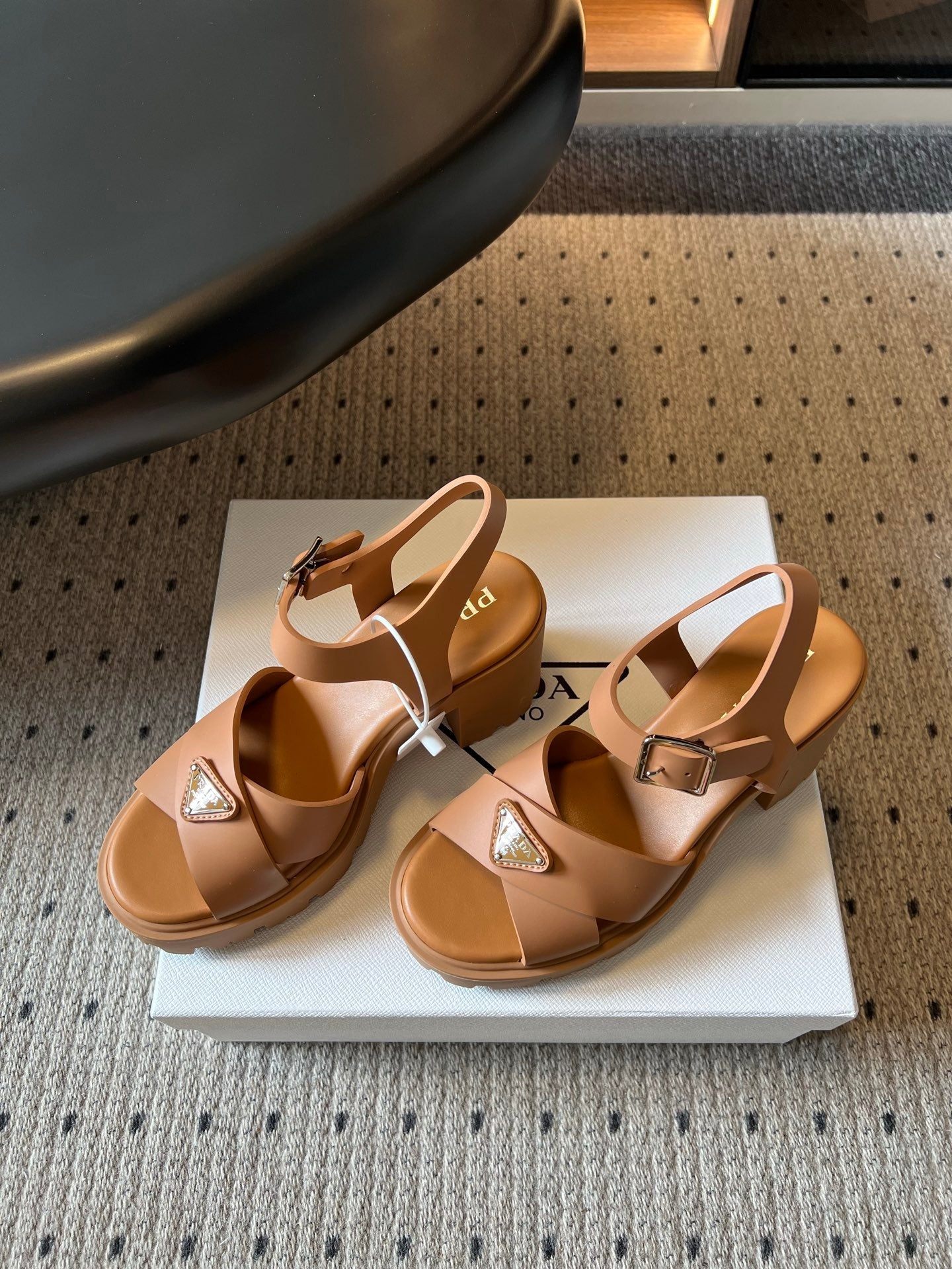 PRADA 26S BLOCK HEEL SANDALS 85MM IN CARAMEL BROWN EVA FOAM