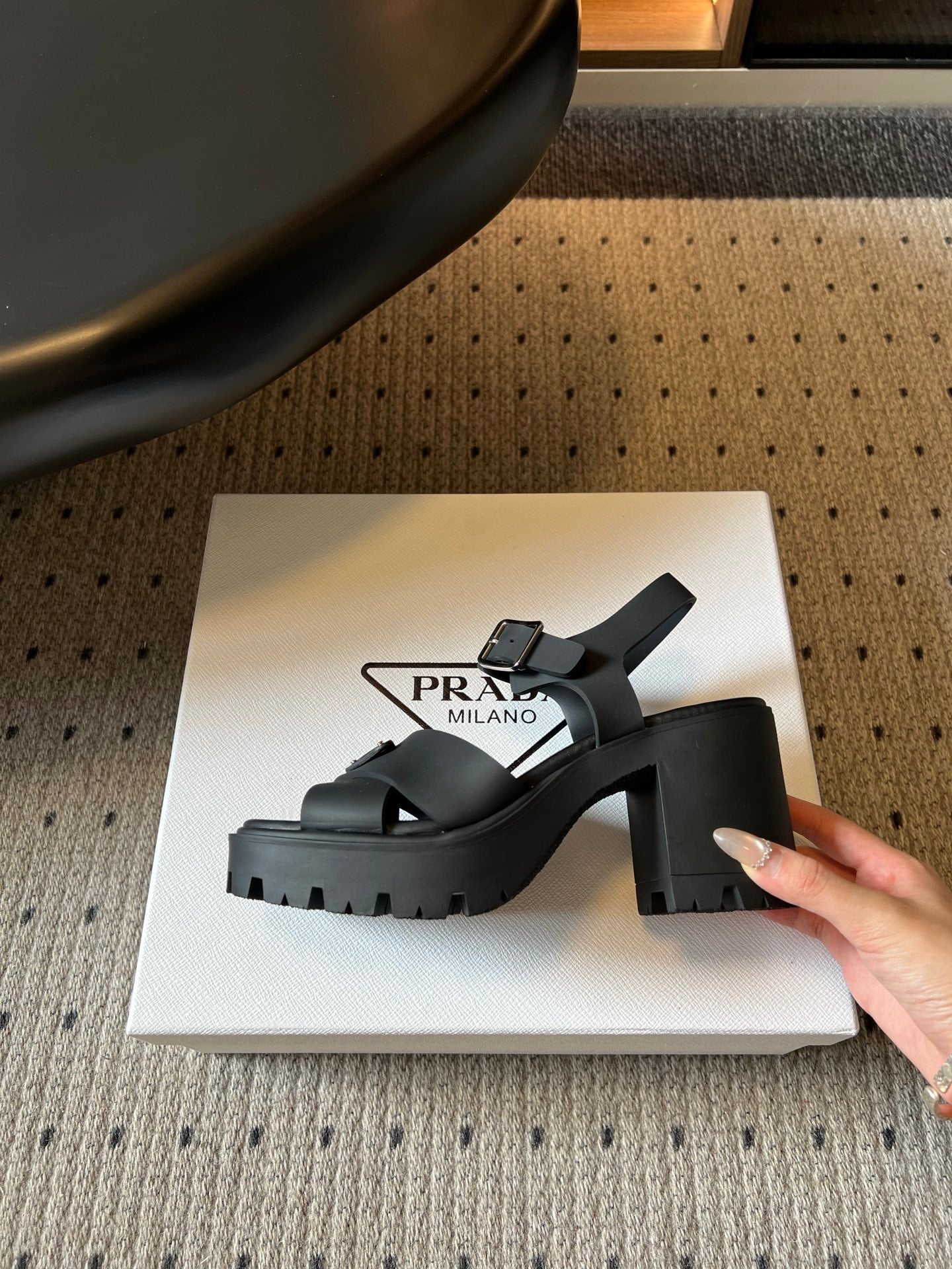 PRADA 26S BLOCK HEEL SANDALS 85MM IN BLACK EVA FOAM