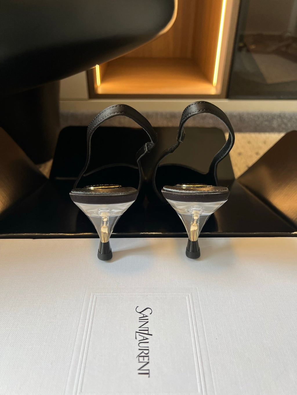 YSL 26S HEELED SLINGBACKS 60 MM IN BLACK SATIN