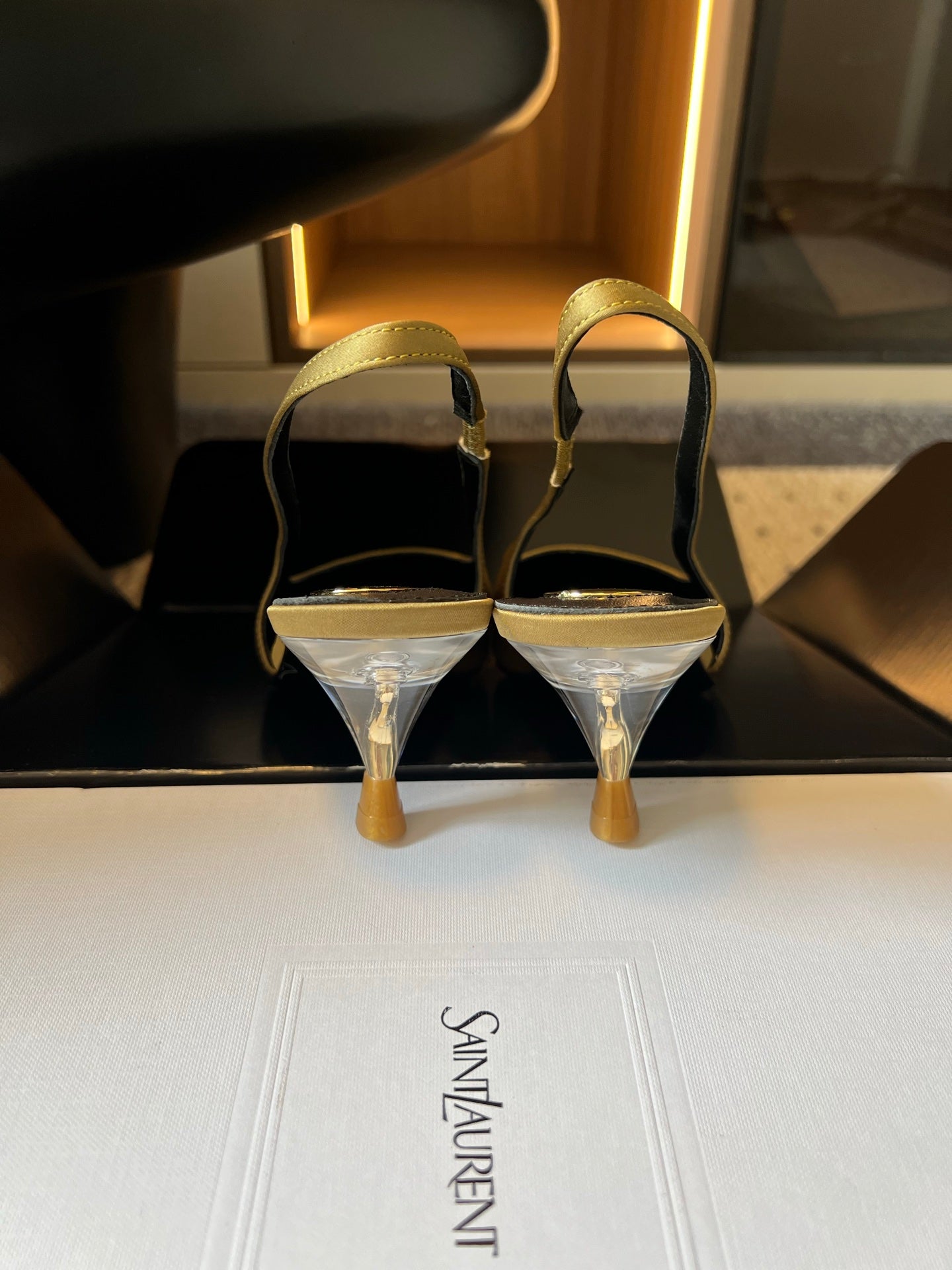YSL 26S HEELED SLINGBACKS 60 MM IN OLIVE GREEN SATIN