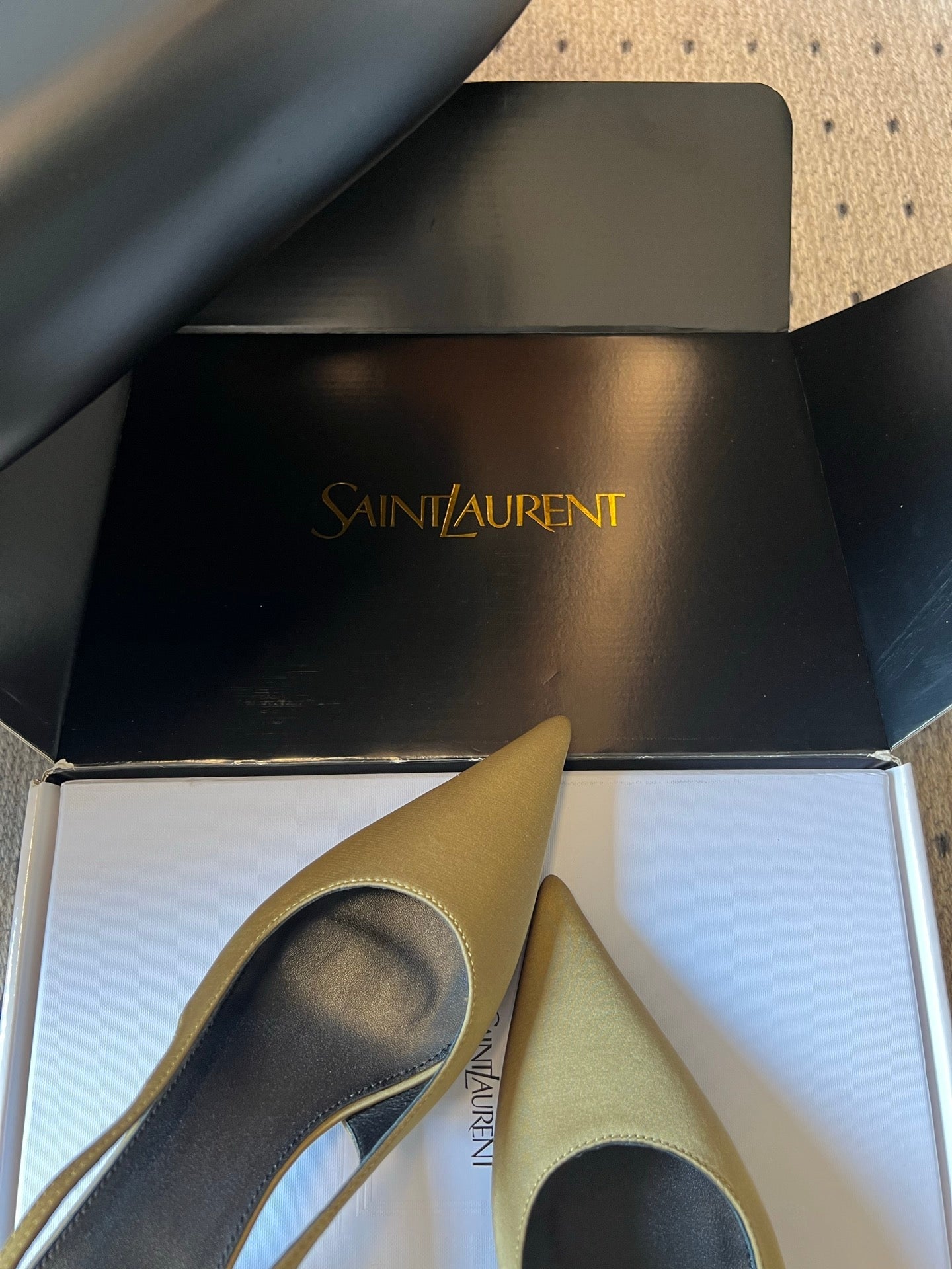 YSL 26S HEELED SLINGBACKS 60 MM IN OLIVE GREEN SATIN