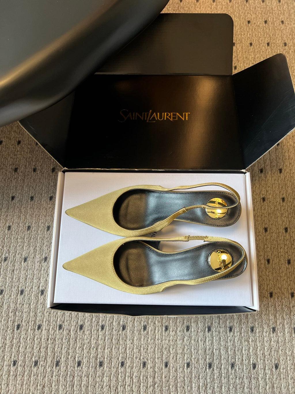 YSL 26S HEELED SLINGBACKS 60 MM IN OLIVE GREEN SATIN