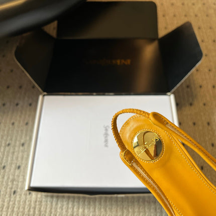 YSL 26S HEELED SLINGBACKS 60 MM IN MUSTARD YELLOW LAMBSKIN AND BEIGE MESH