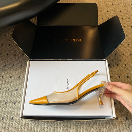 YSL 26S HEELED SLINGBACKS 60 MM IN MUSTARD YELLOW LAMBSKIN AND BEIGE MESH